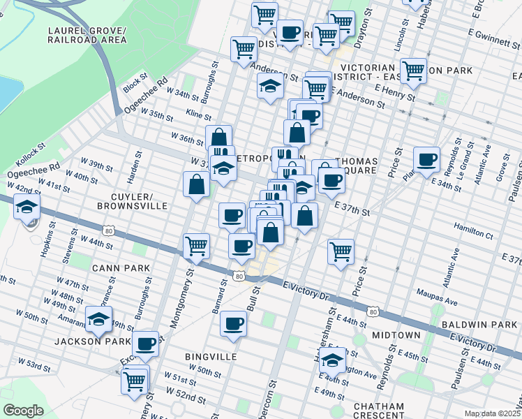 map of restaurants, bars, coffee shops, grocery stores, and more near 2215 Whitaker Street in Savannah