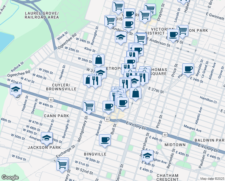 map of restaurants, bars, coffee shops, grocery stores, and more near 2215 Whitaker Street in Savannah