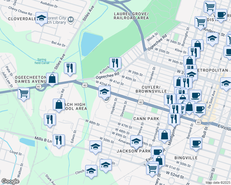 map of restaurants, bars, coffee shops, grocery stores, and more near 1112 West Victory Drive in Savannah