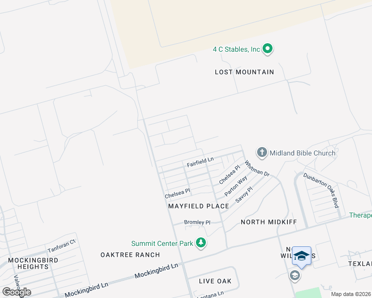 map of restaurants, bars, coffee shops, grocery stores, and more near 3112 Fairfield Lane in Midland