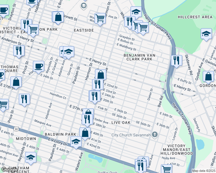 map of restaurants, bars, coffee shops, grocery stores, and more near 1126 East 32nd Street in Savannah