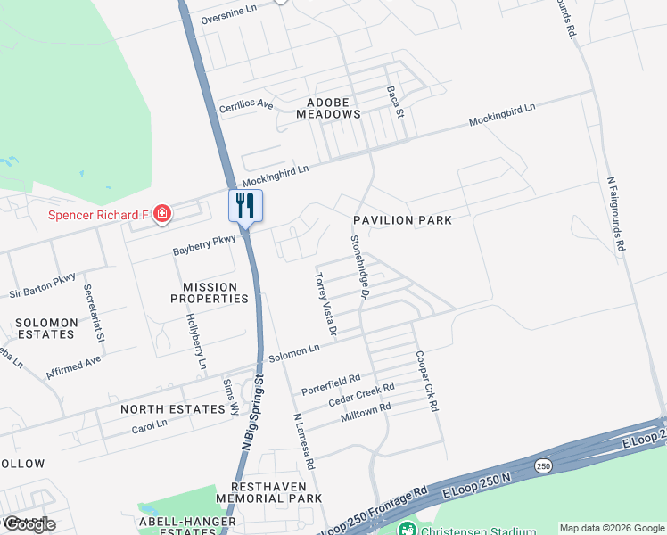 map of restaurants, bars, coffee shops, grocery stores, and more near 1210 Burgandy Drive in Midland