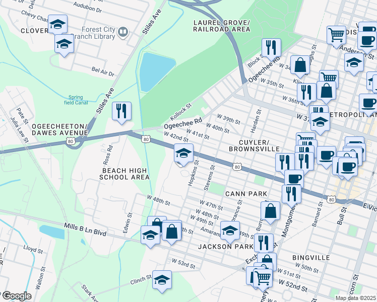 map of restaurants, bars, coffee shops, grocery stores, and more near 1112 West Victory Drive in Savannah