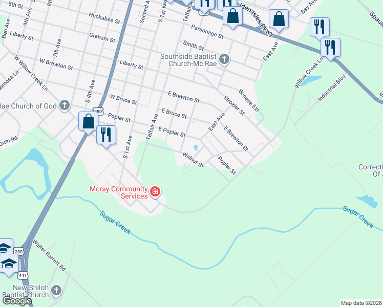 map of restaurants, bars, coffee shops, grocery stores, and more near 59 Walnut Street in McRae-Helena