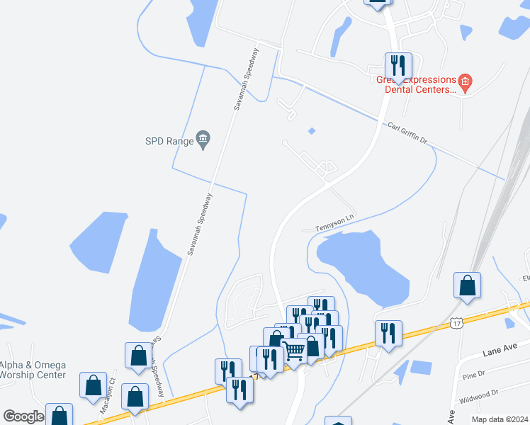 map of restaurants, bars, coffee shops, grocery stores, and more near 1475 Chatham Parkway in Savannah
