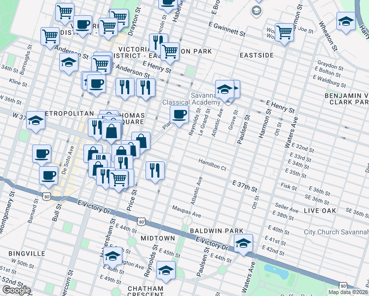 map of restaurants, bars, coffee shops, grocery stores, and more near 1905 Reynolds Street in Savannah