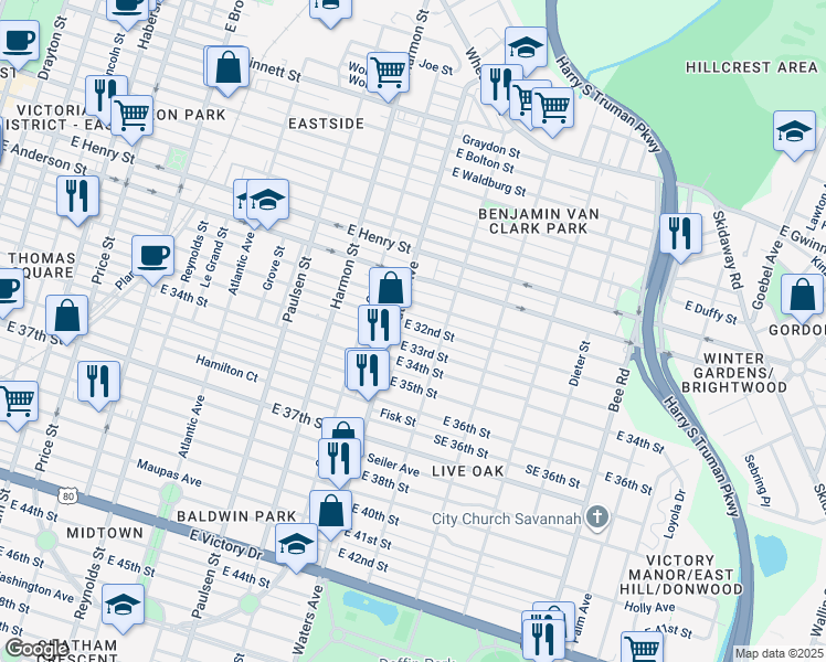 map of restaurants, bars, coffee shops, grocery stores, and more near 1126 East 32nd Street in Savannah
