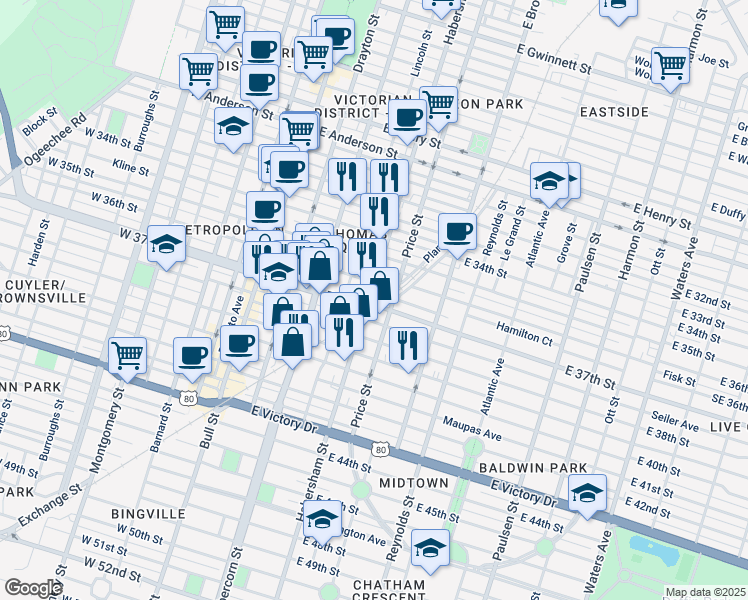 map of restaurants, bars, coffee shops, grocery stores, and more near 312 East 37th Street in Savannah