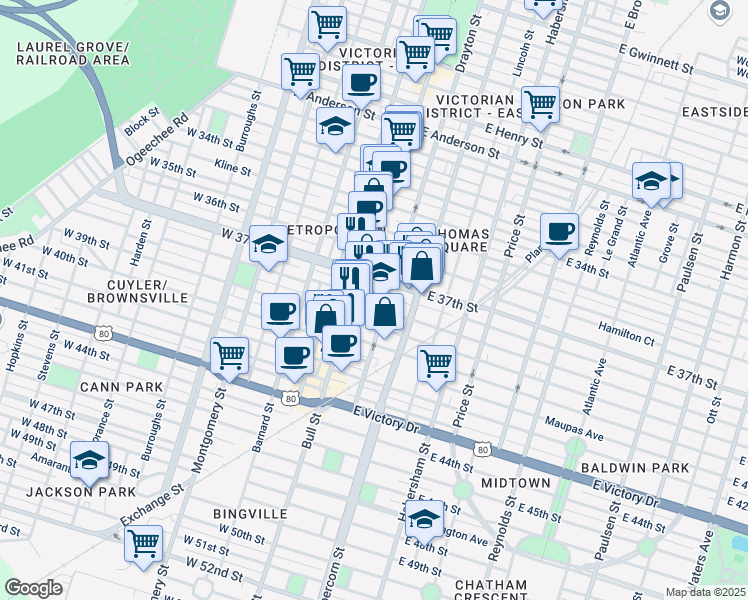 map of restaurants, bars, coffee shops, grocery stores, and more near 2112 Bull Street in Savannah