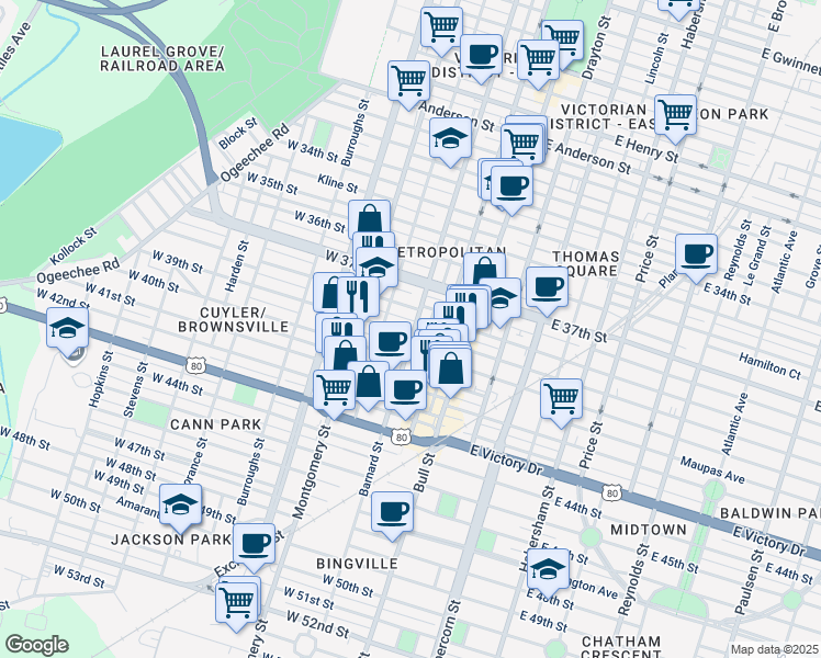 map of restaurants, bars, coffee shops, grocery stores, and more near 212 West 39th Street in Savannah