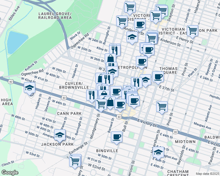 map of restaurants, bars, coffee shops, grocery stores, and more near 2299 Montgomery Street in Savannah