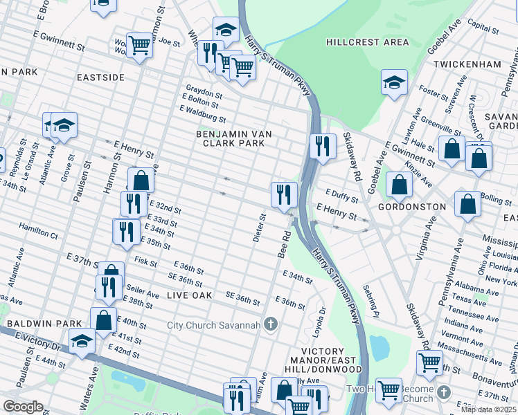 map of restaurants, bars, coffee shops, grocery stores, and more near 1421 East Anderson Street in Savannah