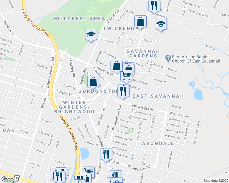 map of restaurants, bars, coffee shops, grocery stores, and more near 408 Kinzie Avenue in Savannah