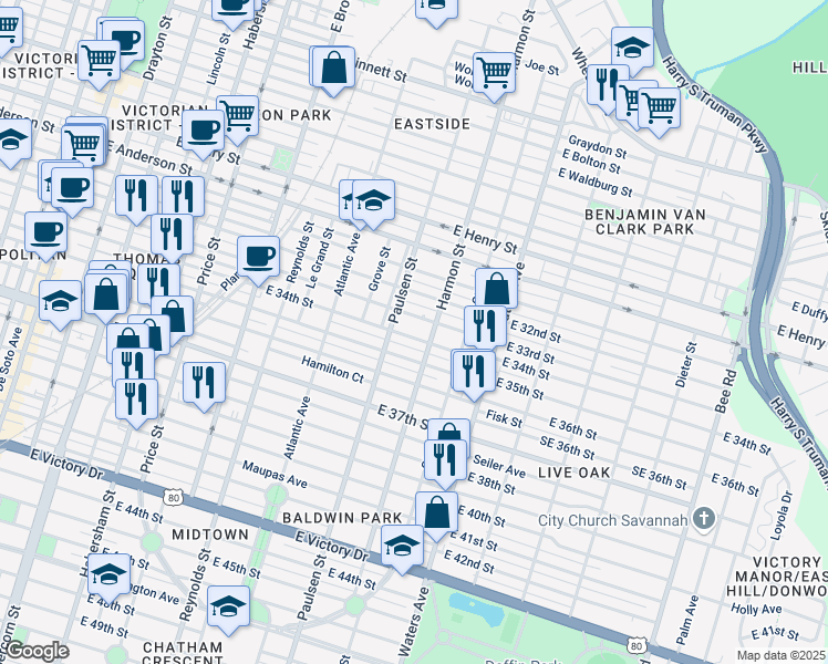 map of restaurants, bars, coffee shops, grocery stores, and more near 817 East 33rd Street in Savannah