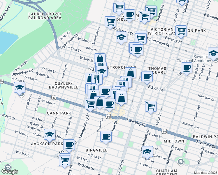map of restaurants, bars, coffee shops, grocery stores, and more near 212 West 39th Street in Savannah