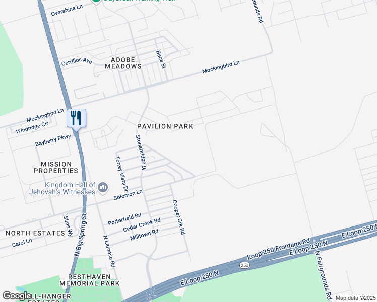 map of restaurants, bars, coffee shops, grocery stores, and more near 1801 East Solomon Lane in Midland