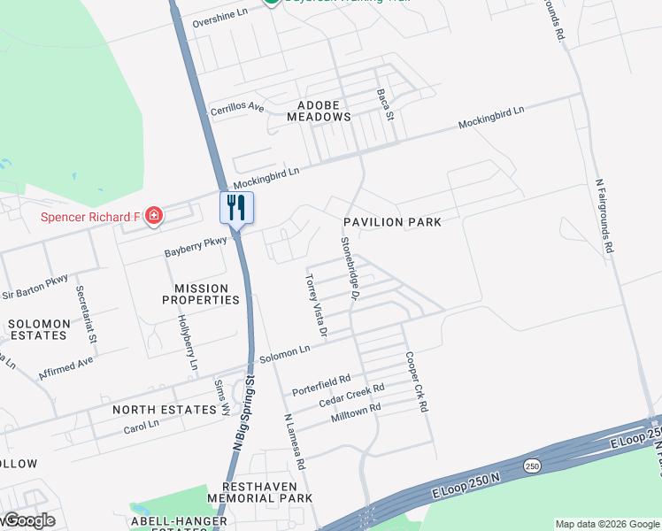 map of restaurants, bars, coffee shops, grocery stores, and more near 1210 Burgandy Drive in Midland