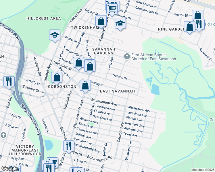 map of restaurants, bars, coffee shops, grocery stores, and more near 2132 Bolling Street in Savannah