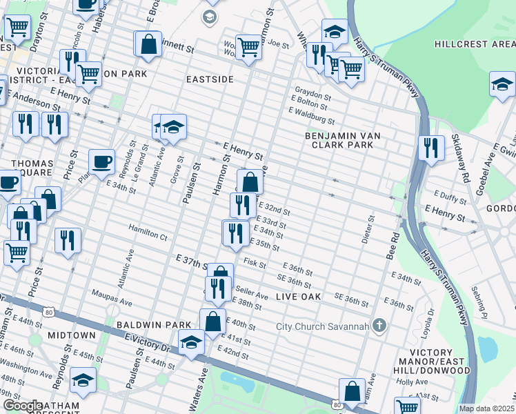 map of restaurants, bars, coffee shops, grocery stores, and more near 1601 Waters Avenue in Savannah