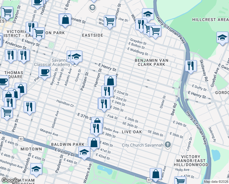 map of restaurants, bars, coffee shops, grocery stores, and more near 1601 Waters Avenue in Savannah