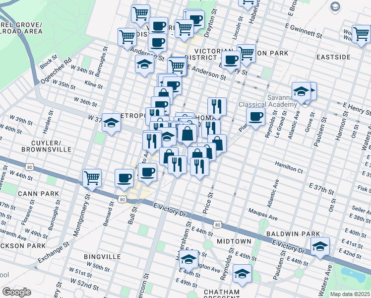 map of restaurants, bars, coffee shops, grocery stores, and more near 2110 Abercorn Street in Savannah
