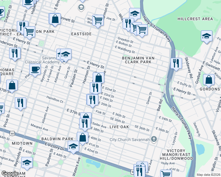 map of restaurants, bars, coffee shops, grocery stores, and more near 1130 East 32nd Street in Savannah