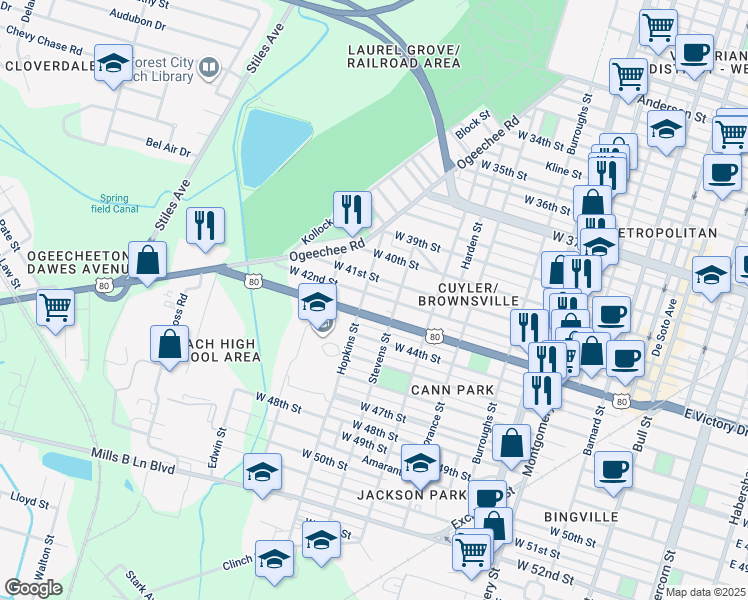 map of restaurants, bars, coffee shops, grocery stores, and more near 919 West 42nd Street in Savannah