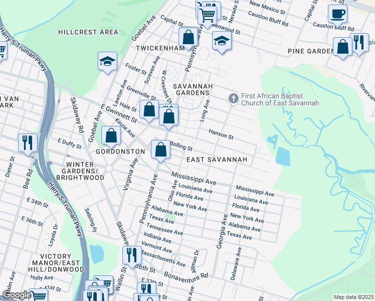 map of restaurants, bars, coffee shops, grocery stores, and more near 2101 Bolling Street in Savannah