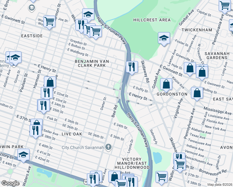 map of restaurants, bars, coffee shops, grocery stores, and more near 1301 Bee Road in Savannah