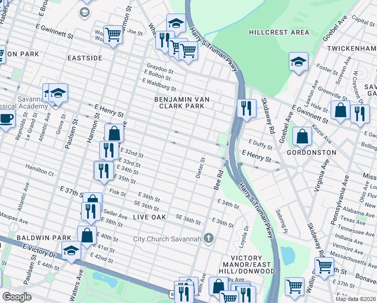 map of restaurants, bars, coffee shops, grocery stores, and more near 1335 East Anderson Street in Savannah