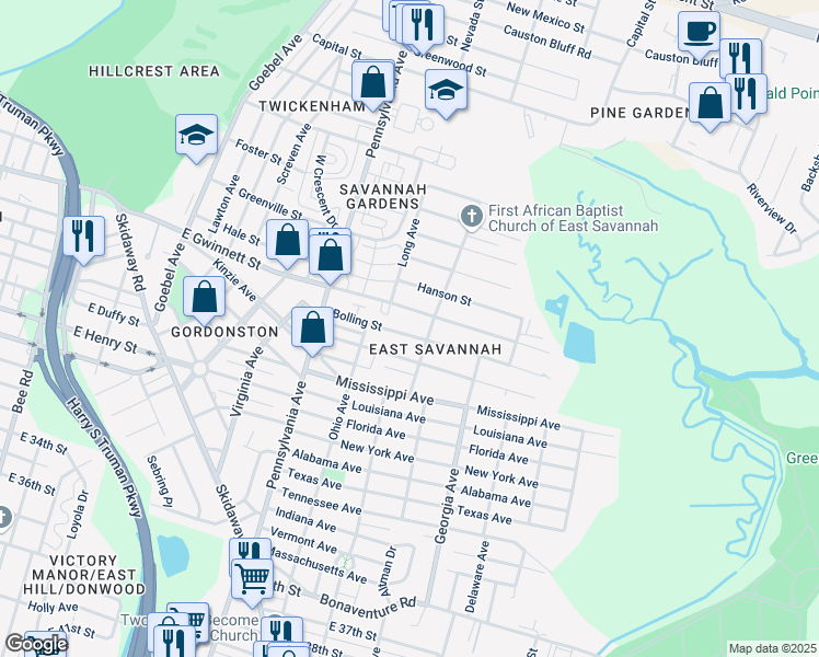 map of restaurants, bars, coffee shops, grocery stores, and more near 2132 Bolling Street in Savannah