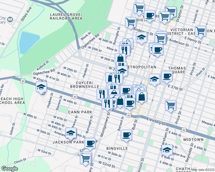 map of restaurants, bars, coffee shops, grocery stores, and more near 2311 Martin Luther King Junior Boulevard in Savannah