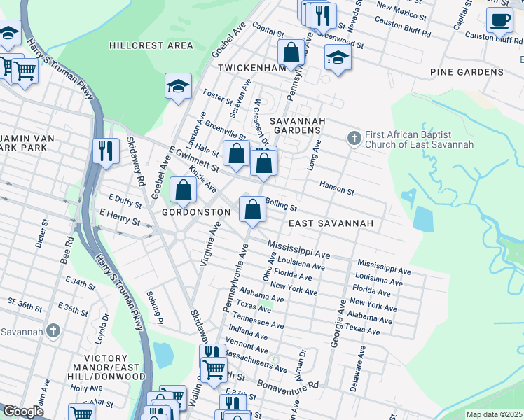 map of restaurants, bars, coffee shops, grocery stores, and more near 2006 Alaska Street in Savannah