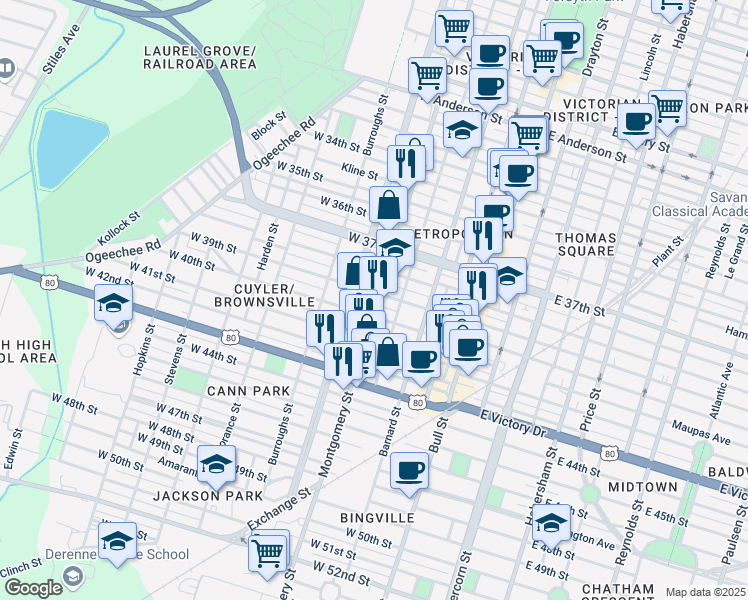 map of restaurants, bars, coffee shops, grocery stores, and more near 2299 Montgomery Street in Savannah