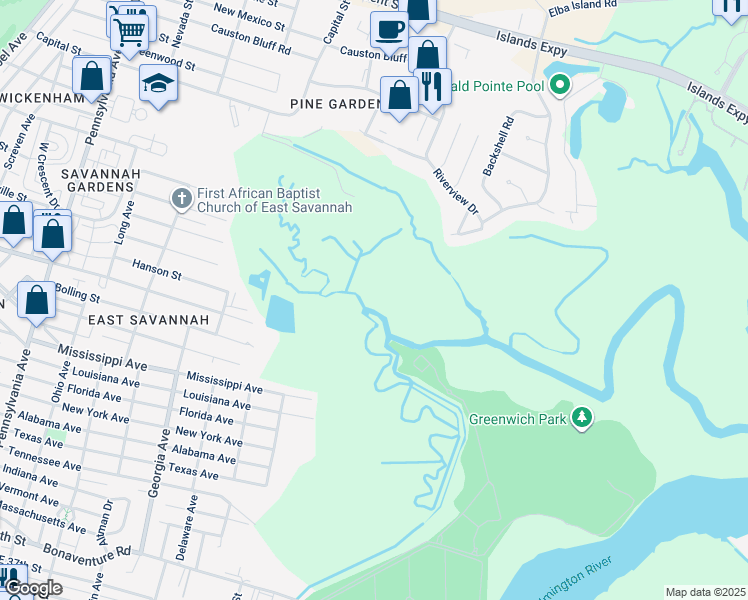map of restaurants, bars, coffee shops, grocery stores, and more near in Savannah