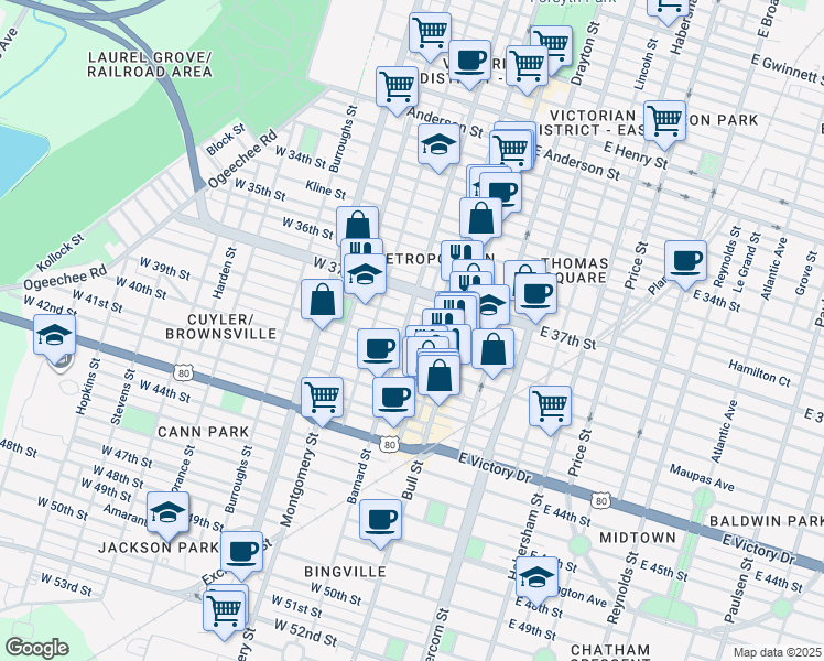 map of restaurants, bars, coffee shops, grocery stores, and more near 2215 Whitaker Street in Savannah