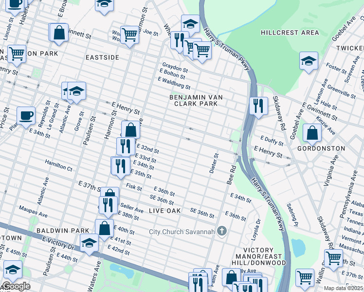 map of restaurants, bars, coffee shops, grocery stores, and more near 1304 East 31st Street in Savannah