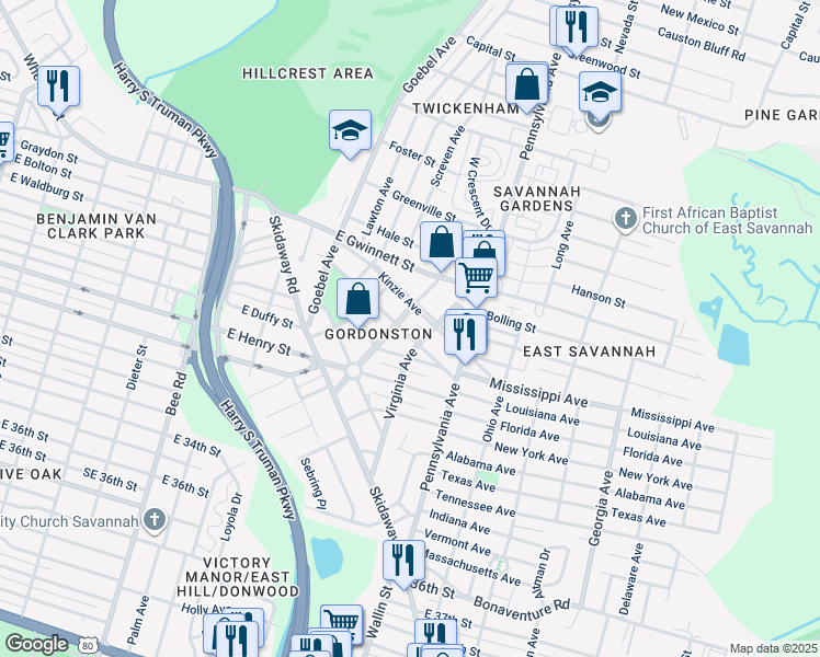 map of restaurants, bars, coffee shops, grocery stores, and more near 404 Gordonston Avenue in Savannah