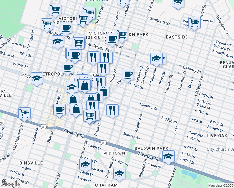 map of restaurants, bars, coffee shops, grocery stores, and more near 518 East 36th Street in Savannah