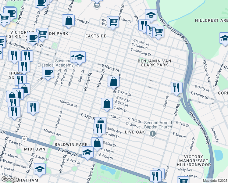 map of restaurants, bars, coffee shops, grocery stores, and more near 1601 Waters Avenue in Savannah