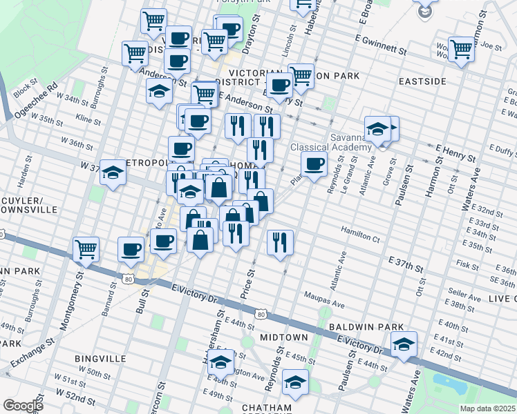 map of restaurants, bars, coffee shops, grocery stores, and more near 312 East 37th Street in Savannah