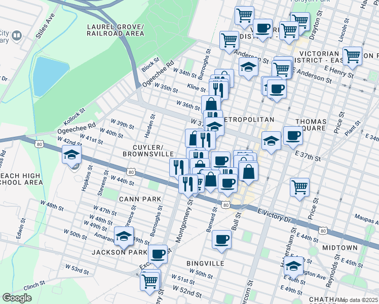 map of restaurants, bars, coffee shops, grocery stores, and more near 2311 Martin Luther King Junior Boulevard in Savannah