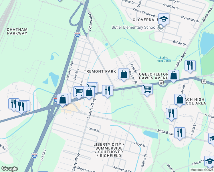 map of restaurants, bars, coffee shops, grocery stores, and more near 3121 Ogeechee Road in Savannah