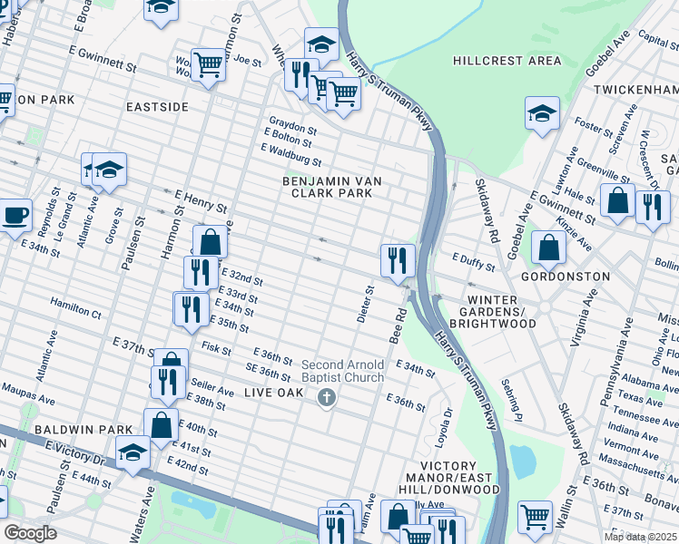 map of restaurants, bars, coffee shops, grocery stores, and more near 1335 East Anderson Street in Savannah
