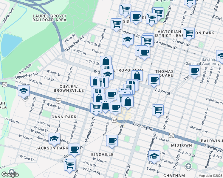 map of restaurants, bars, coffee shops, grocery stores, and more near 212 West 39th Street in Savannah