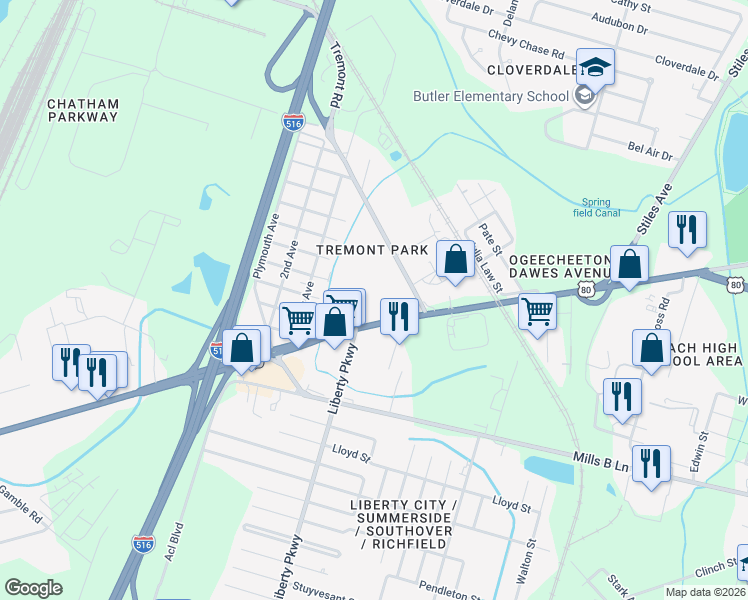 map of restaurants, bars, coffee shops, grocery stores, and more near 3201 Ogeechee Road in Savannah