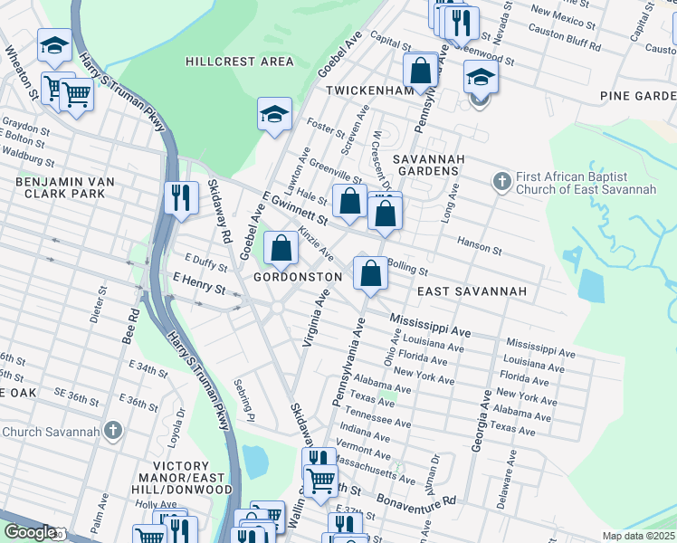map of restaurants, bars, coffee shops, grocery stores, and more near 404 Gordonston Avenue in Savannah