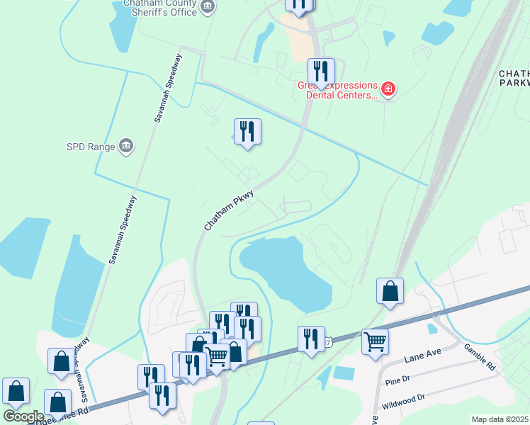 map of restaurants, bars, coffee shops, grocery stores, and more near 1426 Chatham Parkway in Savannah