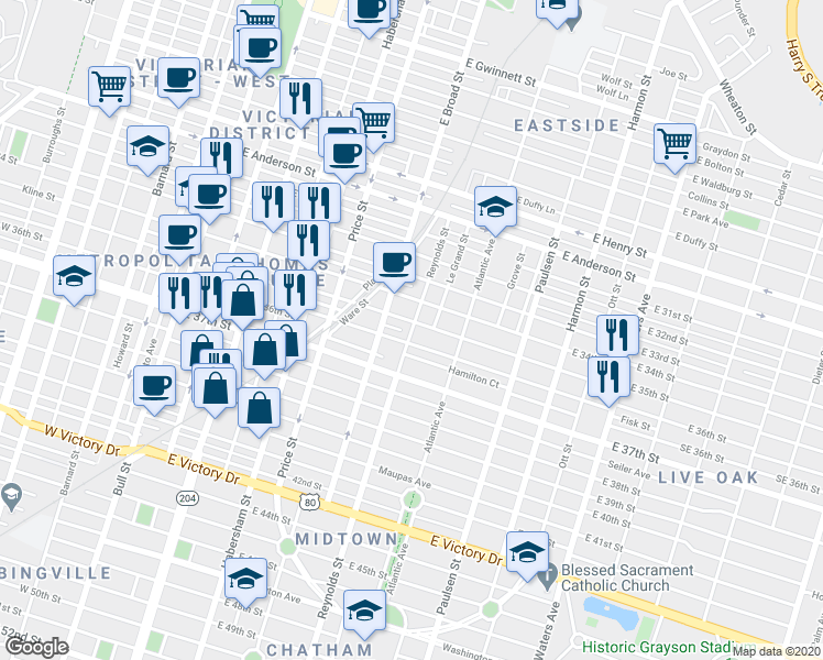 map of restaurants, bars, coffee shops, grocery stores, and more near 1905 Reynolds Street in Savannah
