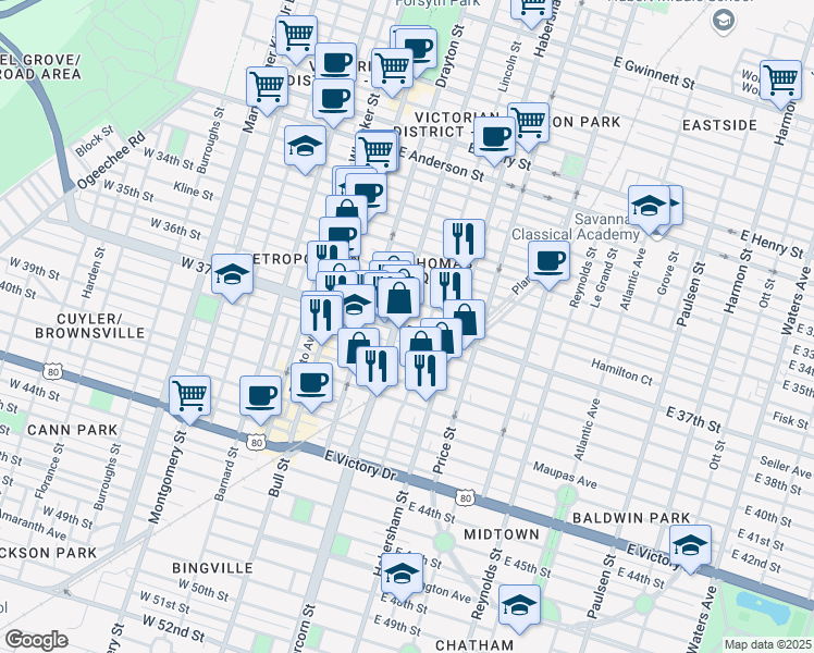 map of restaurants, bars, coffee shops, grocery stores, and more near 212 East 37th Street in Savannah